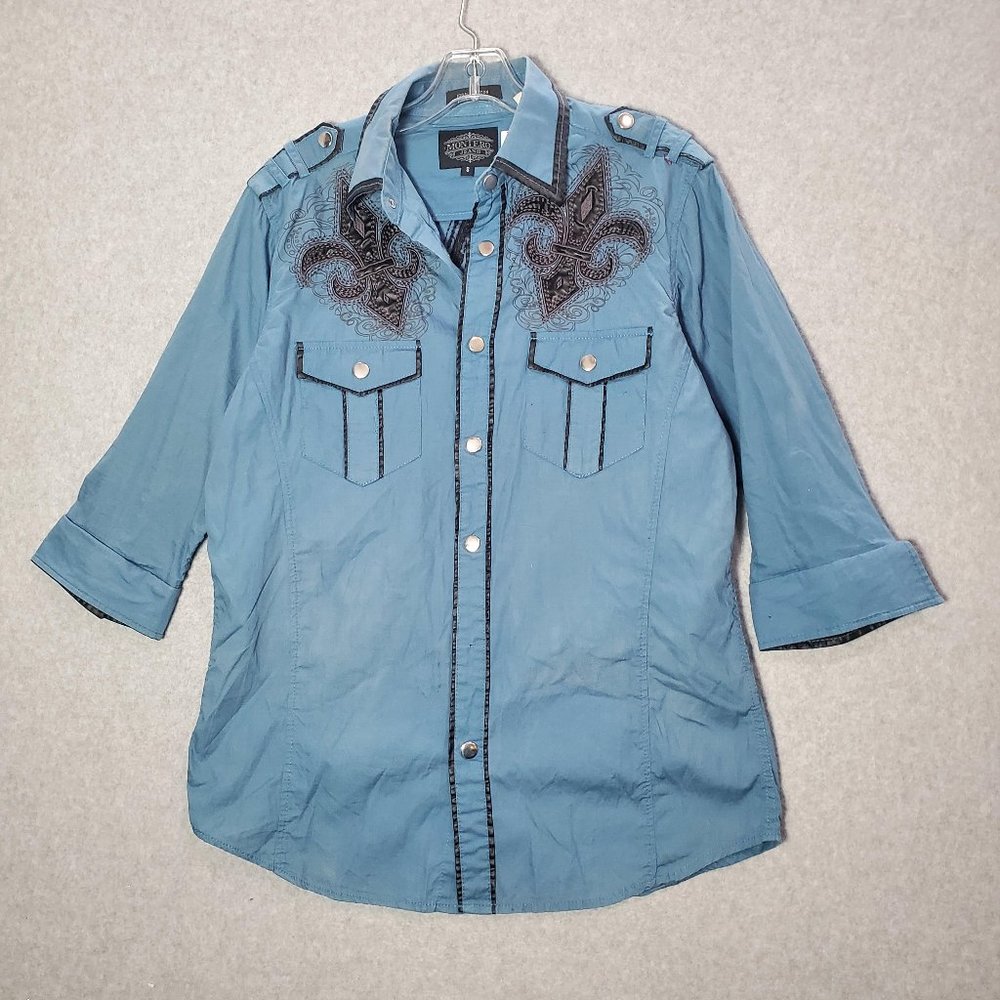 VINTAGE Montero‎ Jeans Men Button Up Shirt Western Pearl Snap Fleur De Lis READ